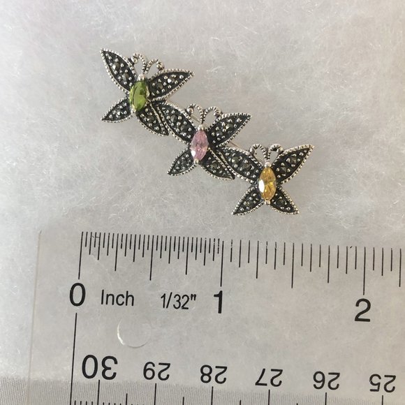 Sterling Silver Marcasite Butterflies Pin w/Green, Pink & Yellow Faceted Crystal - Picture 3 of 6